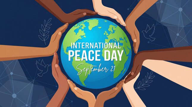 International Day of Peace, national Day of Peace, Day of Peace, peace, day. Diverse hands encircling a globe to symbolize global unity and harmony on September 21st.