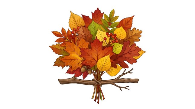 Autumn bouquet of colorful maple, oak, and birch leaves tied with a rustic wooden twig, isolated on a white background