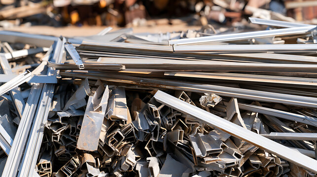 A pile of discarded metal scrap and aluminum profiles ready for recycling in a industrial junkyard facility on a sunny daytime exterior