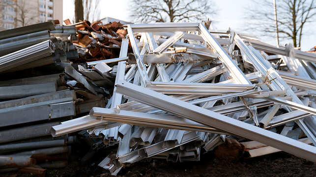 A pile of discarded metal waste, aluminum frames, and construction debris piled up outdoors in an industrial salvage yard for recycling