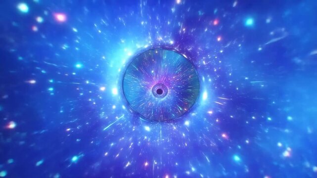 cosmic explosion expanding outward with bright particles and stars in space filled with stars and nebulae, dynamic and energetic focal point on the expanding burst, with a wide-angle view.