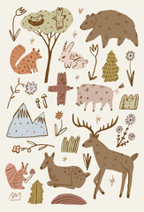Fototapeta premium Doodle artisanal hand drawn woodland forest animals set bear deer rabbit squirrel wild boar nature vector illustration clipart collection woodland bundle