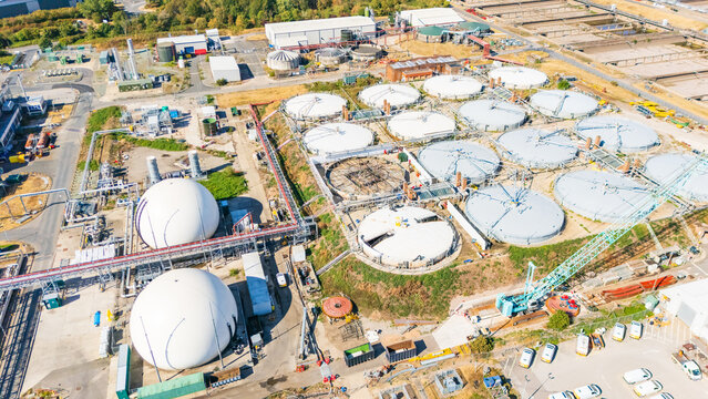 Construction phase of Anaerobic Digesters being installed at a large scale waste water treatment facility in Minworth, UK.  Aerial view