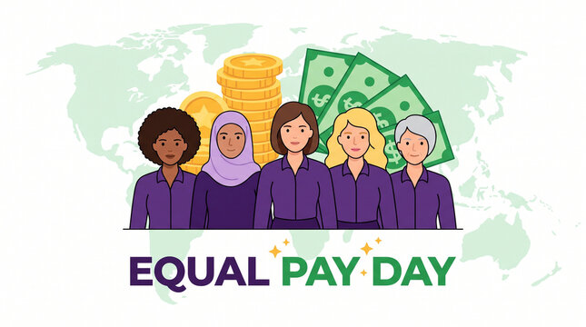 Diverse professionals celebrating equal pay day with financial symbols on global map background with holding money symbols day celebration world stand united holding Wage Equality