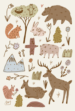 Doodle artisanal hand drawn woodland forest animals set bear deer rabbit squirrel wild boar nature vector illustration clipart collection woodland bundle