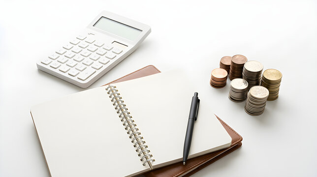 Financial Planning Calculator Spiral Notebook Black Pen Stacks Coins Money Savings Investment Accounting Budgeting Concept Financial Management Business Desk Setup Isolated White Background
