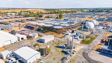 Fototapeta premium Aerial view of a large scale waste water treatment plant showing the size of the facility in Minworth, UK