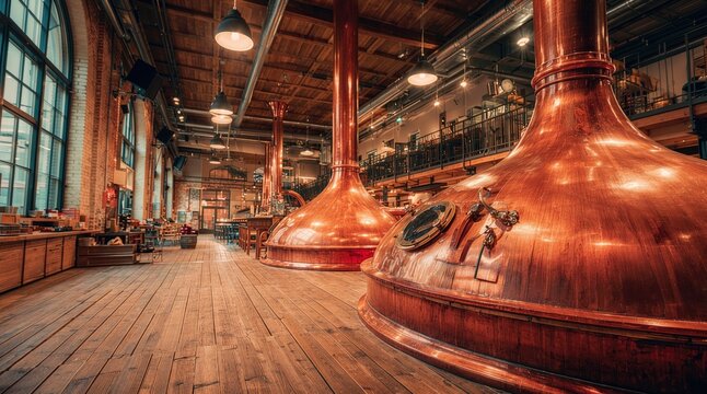 Beer brewing. Copper brewing kettles and fermentation equipment operate inside a brewery for commercial beer production and beverage processing.