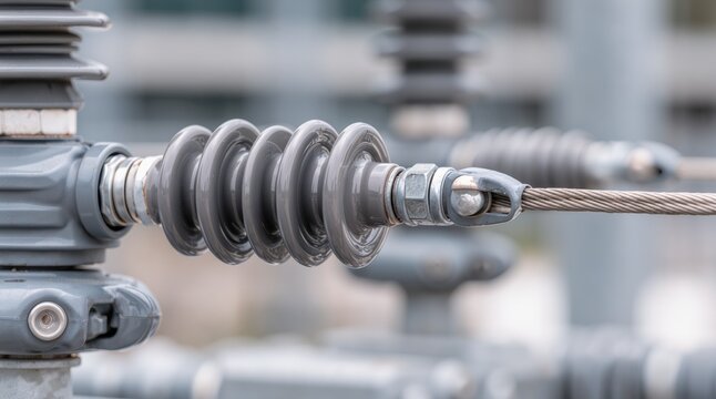 Electrical power transmission. High voltage insulator and steel cable connection provide electrical insulation and mechanical support in power grid equipment.