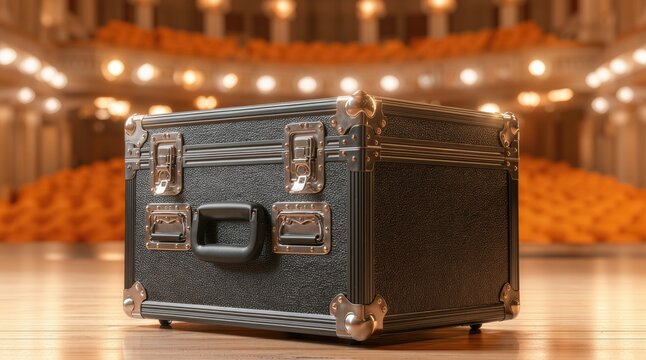 Stage equipment. Protective flight case stands on a theater stage, used for transporting and storing professional audio, lighting and performance equipment.