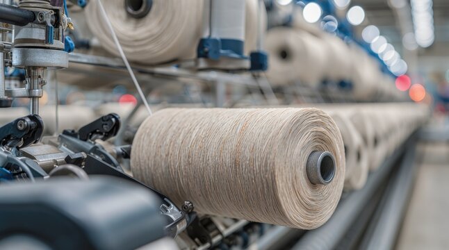 Textile manufacturing, industrial spinning machine winds natural yarn onto large bobbins during automated thread and fabric material production.