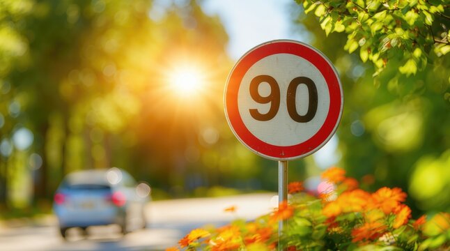 Road traffic regulation, 90 km/h speed limit sign controls vehicle speed on a public road, supporting driving safety and traffic management.