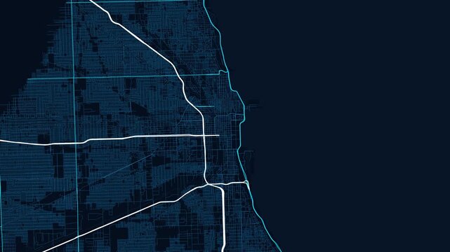 Chicago 4K Blueprint Map Animation - Urban Road Network and Infrastructure Growth