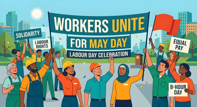 Flat style illustration of workers raising hands in solidarity with text Workers Unite for May Day Labour Day celebration.