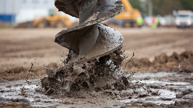 Auger drill bites into the muddy ground during a heavy construction project.