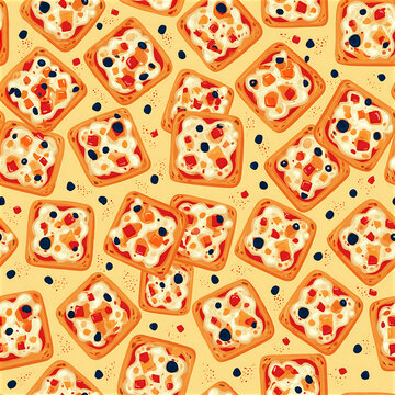 Colorful seamless pizza pattern with squares on a light background