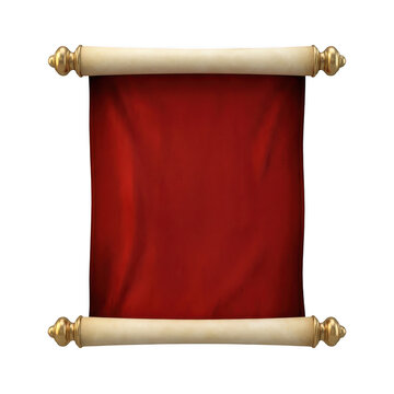 A vintage scroll with a blank red parchment paper texture, featuring elegant golden rollers at the top and bottom, isolated on transparent background