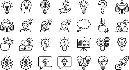 Obraz premium Creativity and Brainstorming Icon Set with Lightbulbs Idea Generation Newton Apple Teamwork Meetings Gears and Startup Rocket Vector Line Art Elements
