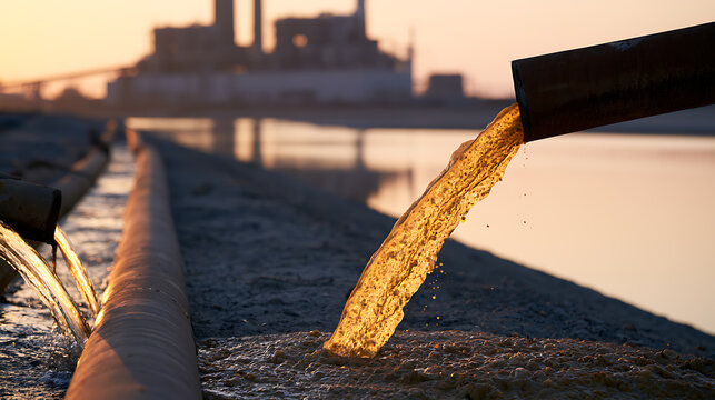 Industrial waste water discharge from factory pipe into river canal at sunset ecology problem concept climate crisis and global danger