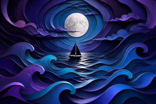 Paper cut art of sailboat on blue waves under full moon