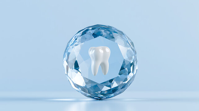 A sparkling crystal ball encasing a pristine white human tooth symbolise dental health care strength and precious medical treatment today