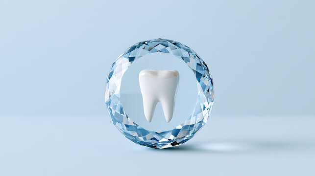 A sparkling diamond globe encasing a brilliant white human tooth model on a clean pastel blue background representing dental care concept