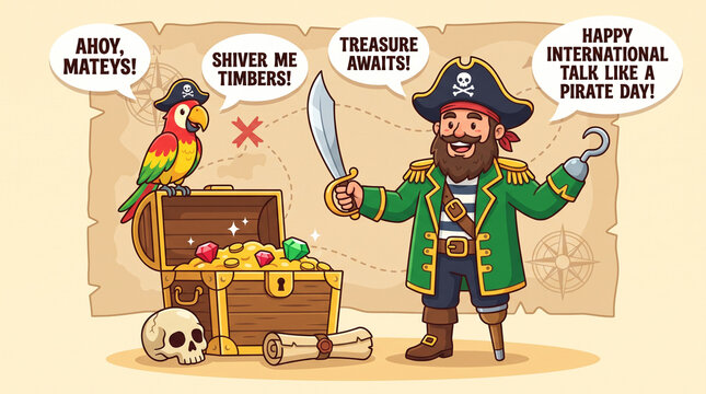 Cartoon pirate captain with parrot and treasure chest on map background for International Talk Like a Pirate Day, featuring fun speech bubbles with classic pirate phrases.
