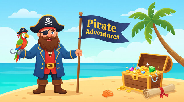 Cheerful pirate captain holding a flag on a tropical island with a treasure chest and parrot, perfect for celebrating International Talk Like a Pirate Day with fun vibes.