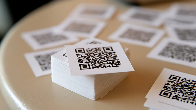 Stack of square white paper cards with black matrix barcode symbol pattern print on top resting on table surface in interior office setup