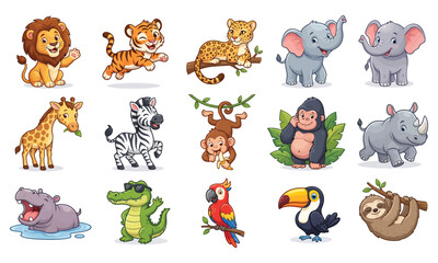 Naklejka premium Cute Safari and Jungle Animal Characters, Cartoon Wild Animals Collection Vector Set