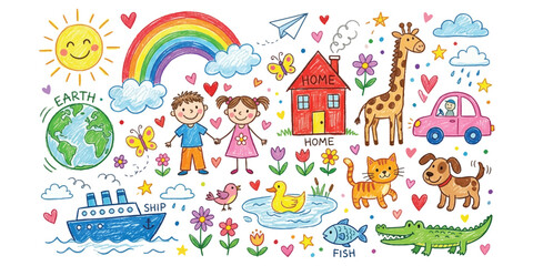 Fototapeta premium Kids Crayon Drawing Icon Set with Cute Animals and Nature Elements