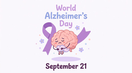 Fototapeta premium World Alzheimer's Day illustration with purple ribbon, brain character, and September 21 date for awareness campaign