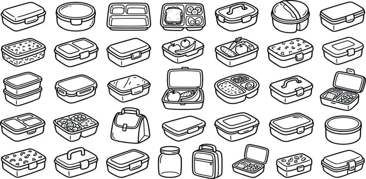 Bento Box Lunch Container Line Art Coloring Page Vector Set