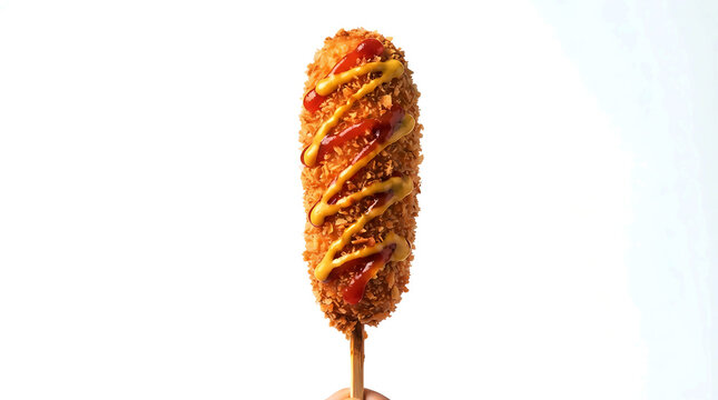 Crispy fried Korean corn dog with mustard and ketchup sauce on a stick.