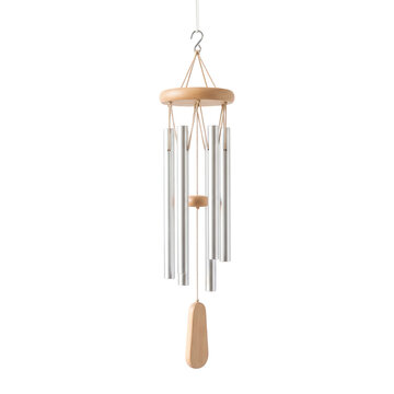 Wooden wind chime hanging centrally with polished silver metal pipes against a dark backdrop background