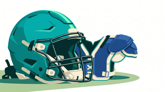 Football helmet and pads in green and blue colors on grass  