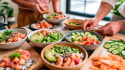 Obraz premium Fresh homemade salmon poke bowls with rice, avocado, edamame and cucumber being prepared together in a bright modern kitchen