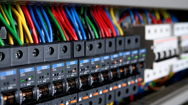 Industrial electrical control panel with colorful wires connected to circuit breakers. High-tech engineering concept for power distribution and modern building automation systems.