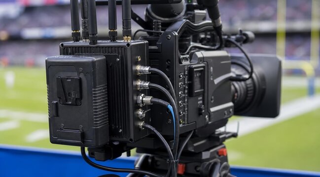 Professional television broadcast camera filming a sports game on a field.