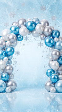 Winter wonderland balloon arch with silver and blue balloons, snowflakes, and frost for Christmas or New Year celebration.