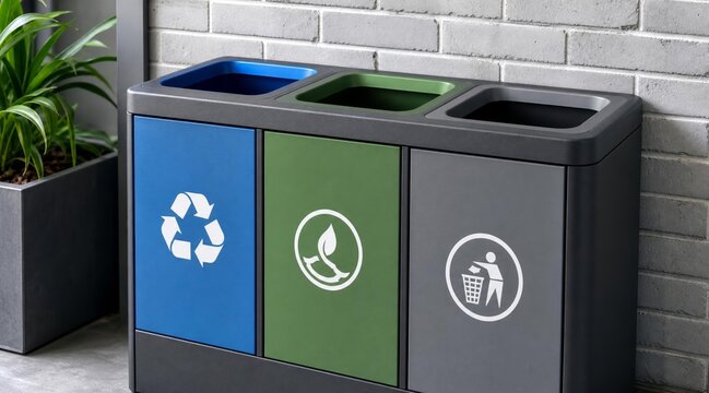 Modern triple waste separation bin for recycling and organic waste.