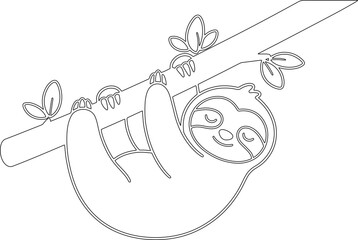 Naklejka premium Cute Sloth Hanging Happily from a Tree Branch Line Art Coloring Page