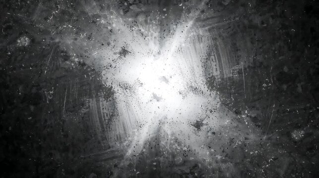 Dark grunge abstract background with bright central light burst and dust dark texture dust particles vintage text