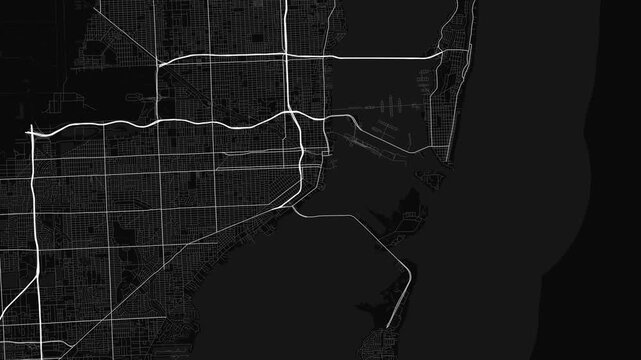 Miami 4K Black Map Animation - Urban Road Network and Infrastructure Growth
