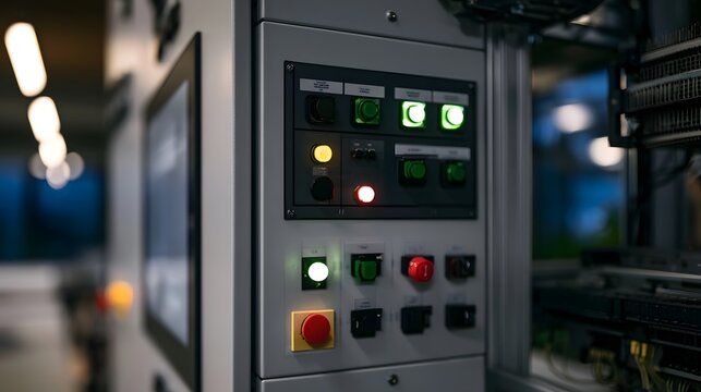 Control panel with illuminated buttons and switches in an industrial or technical setting  showing ope nal status lights
