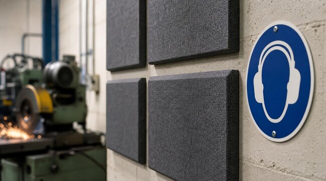 Hearing Protection Required Sign in Industrial Workshop with Acoustic Panels.