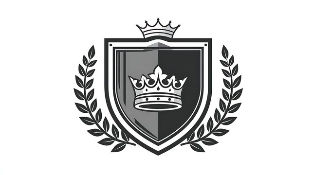 Royal shield emblem with crown and laurel wreath isolated on white background. Perfect for luxury brand logo designs and corporate identity concepts.