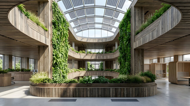 Modern biophilic office interior with vertical gardens and sustainable wooden architecture