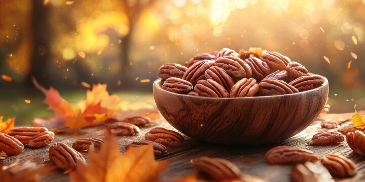Container filled with pecans placed on surface