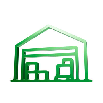 Green warehouse storage icon isolated on transparent background for logistics and supply chain